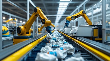 Automated robotic arms sorting items on a modern production line