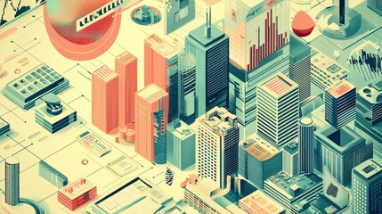 Obraz premium Abstract Isometric Cityscape with Geometric Buildings and Data Visualizations