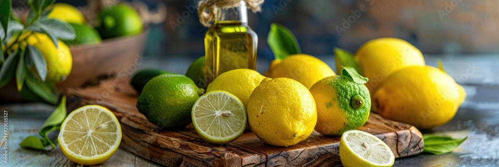 Poster sliced lemons and limes beside a bottle of olive oil on a wooden cutting surface