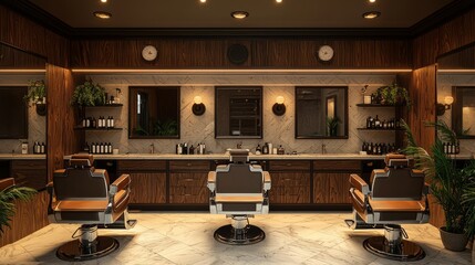 Luxurious barbershop interior with vintage decor and modern amenities