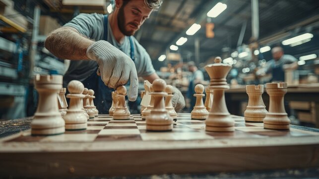 Craftsman handcrafting a wooden chess piece in a workshop