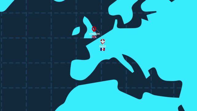 London to Paris International flight route 4k animation with a plane and waving flags on the map
