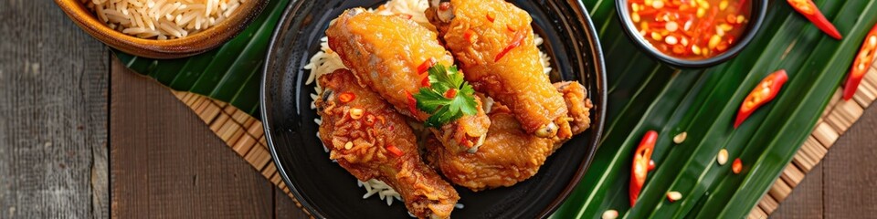 Crispy fried chicken accompanied by fragrant rice prepared in Hainanese style and zesty chili sauce.