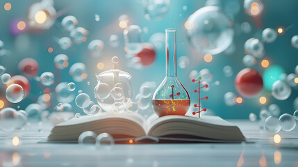 3D flat icon of book and science experiment concept with dreamy background. Ideal for hands-on learning promotions. Isolated on white.