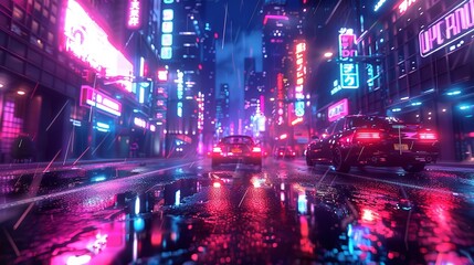 Obraz premium Night cityscape with neon reflections on sleek, minimalistic surfaces