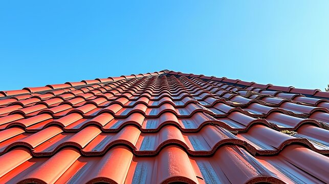 Close-up view of a terracotta roof under a clear blue sky