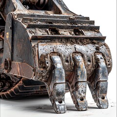 Fototapeta premium Closeup of an excavator s bucket teeth, isolated on a white background, photo of excavator isolated white background, bucket detail