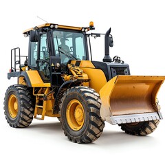 Fototapeta premium Compact crawler loader with a front loader bucket, isolated on white, ideal for tight spaces, photo of crawler loader isolated white background, compact machinery