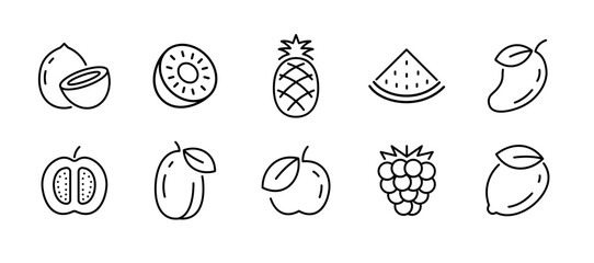 Fruit icon set kiwi pineapple watermelon outline. Fruit icons simple black line mango coconut peach guava.