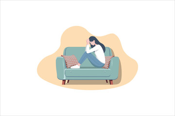 Sad woman sitting on sofa in flat design. unhappy female worrying about her problem.