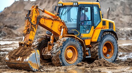 Obraz premium Detailed shot of the backhoe loaders rear arm and digging bucket, isolated on a white background, photo of backhoe loader isolated white background, rear arm feature
