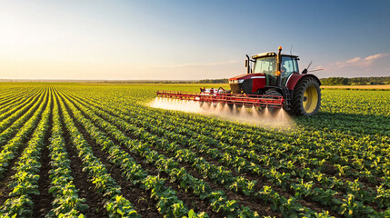 Farming tractor spraying plants in a field