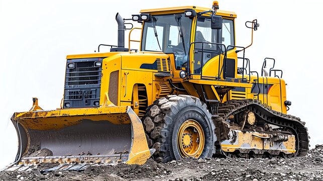 Large grader with a scarifier attachment, isolated on white, photo of grader isolated white background, earthmoving machinery