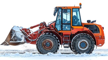 Fototapeta premium Loader with a snowplow attachment, isolated on white background, photo of loader isolated white background, winter equipment