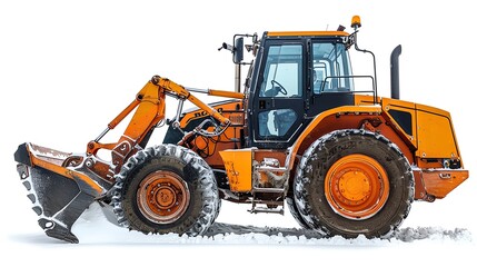 Fototapeta premium Loader with a snowplow attachment, isolated on white background, photo of loader isolated white background, winter equipment