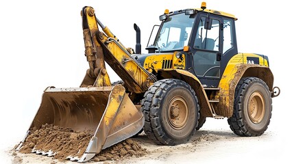 Side view of a backhoe loader with a digging bucket, perfectly centered on a white background, photo of backhoe loader isolated white background, earthmoving equipment