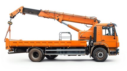 Side view of a crane truck with an articulated arm, isolated on a white background, photo of crane isolated white background, crane truck