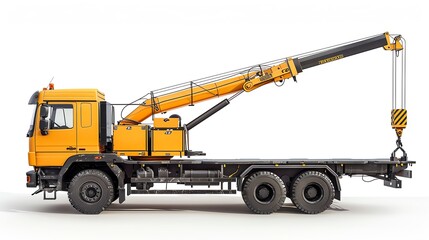 Side view of a crane truck with an articulated arm, isolated on a white background, photo of crane isolated white background, crane truck