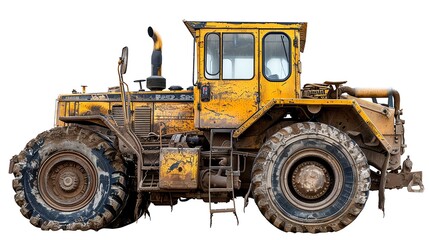 Fototapeta premium Small grader with rubber tires, isolated on a white background, photo of grader isolated white background, compact machinery