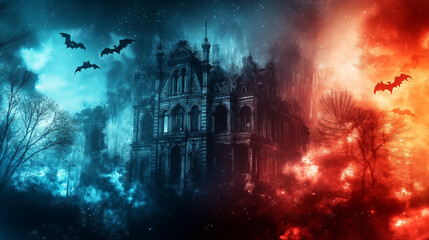 Obraz premium Haunted mansion in a dark and stormy sky, halloween