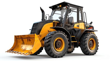 Fototapeta premium Small skidsteer loader with a smooth bucket, isolated on a white background, ideal for landscaping, photo of skidsteer loader isolated white background, landscaping tool