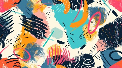 A lively abstract design featuring a mix of colorful scribbles and shapes, showcasing bold patterns and vibrant artistic expression.