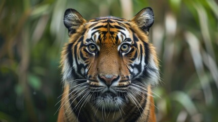 Fototapeta premium A close-up portrait of a majestic tiger staring directly at the camera, showcasing the animal's intense gaze and powerful presence..
