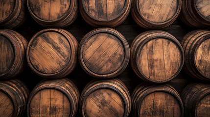 Oak-aged barrels used to store wine, whisky or bourbon. Great background to use for a distillery or winery. Created with Generative AI technology