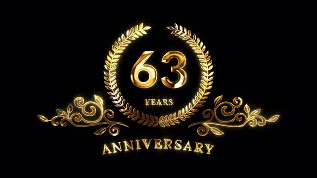 63rd Anniversary Celebration. Happy 63 Years Anniversary Animation in Gold Color on the Transparent Background, Alpha Channel. Great for greetings, celebrations, events, and gifts.