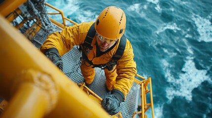 Worker in yellow safety gear working on an offshore oil platform
