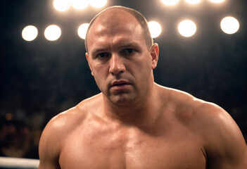A muscular male boxer stands shirtless in a boxing ring, under the bright lights, with a determined look on his face.