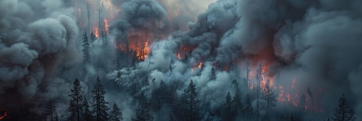 Vertical image of smoke rising from a forest affected by fire.