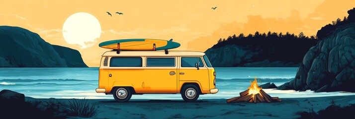 Camper van adventure banner design, coastline drive, surfboards on roof, bonfire beach nights
