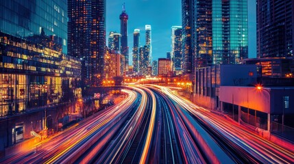 Obraz premium Urban Highway with Light Trails and City Skyline at Night