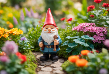 Obraz premium Charming garden gnome standing among vibrant flowers on a sunny day in a colorful garden setting