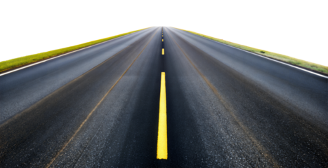 Empty highway road with yellow dividing line leading into the distance isolated on transparent background