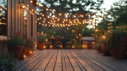 Cozy backyard deck with string lights and outdoor seating at dusk
