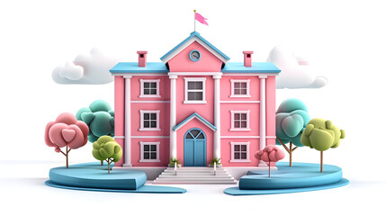 Whimsical 3D school building icon with flagpole on white background, symbolizing pride and tradition in education.