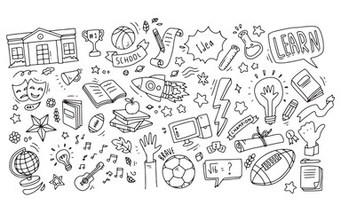 Hand drawn of school elements. Doodle of back to school sketch