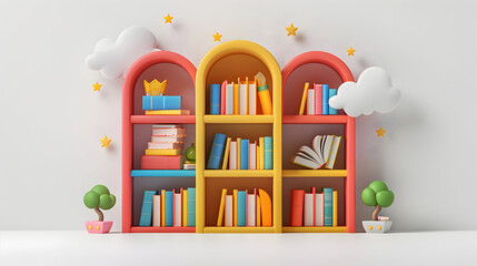 3D flat icon school library with digital books on dreamy background, symbolizing traditional and modern education resources. Isolated on white.