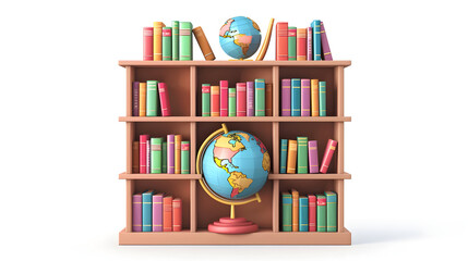 School library globe concept, 3D flat icon with dreamy background. Represents global perspective and knowledge through education. Isolated on white background.