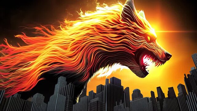 Majestic fiery wolf looms over urban skyline. Intricate energy patterns flow through its mane. Fierce expression emphasizes protective stance, guarding the city below.	