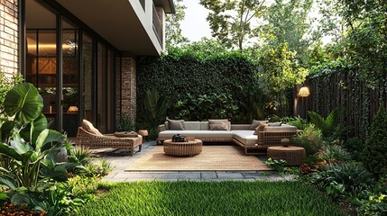 Modern outdoor living area with comfortable seating and lush greenery