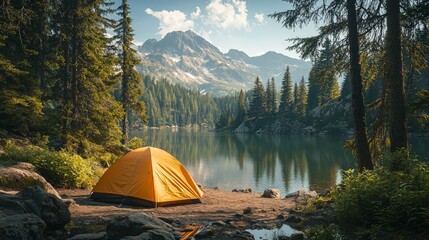 Camping site by a tranquil mountain lake with a tent and pine trees