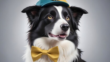 Border Collie Dog in Cap and Bow Tie. White Background. Studio Portrait.