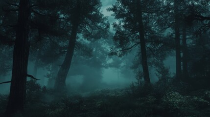 Fototapeta premium Foggy night pine forest, AI generated Image