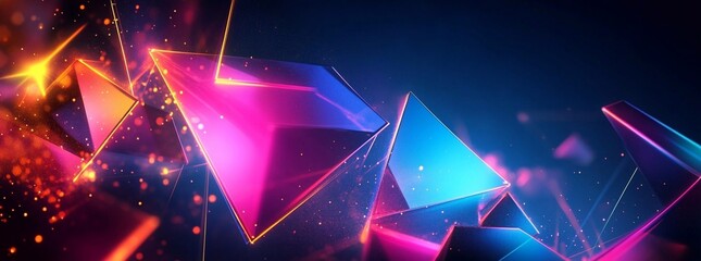 modern abstract background with a few geometric shapes, neon colors, dark blue backdrop.