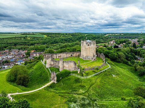 Conisbrough Castle from a drone, Conisbrough, South Yorkshire, England