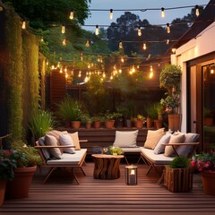 Fototapeta premium terrace with string lights and plants