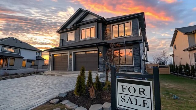 A contemporary home with large windows and a stone facade listed for sale, illuminated by a vibrant sunset in a suburban setting.